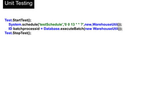 Schedulable Interface
global with sharing class WarehouseUtil implements Schedulable {
//General constructor
global WarehouseUtil() {}
//Scheduled execute
global void execute(SchedulableContext ctx) {
//Use static method for checking dated invoices
WarehouseUtil.checkForDatedInvoices();
}

 