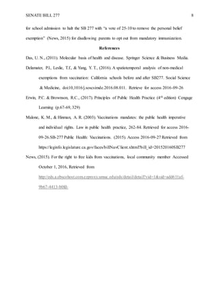 SENATE BILL 277 8
for school admission to halt the SB 277 with “a vote of 25-10 to remove the personal belief
exemption” (News, 2015) for disallowing parents to opt out from mandatory immunization.
References
Das, U. N., (2011). Molecular basis of health and disease. Springer Science & Business Media.
Delamater, P.l., Leslie, T.f., & Yang, Y. T., (2016). A spatiotemporal analysis of non-medical
exemptions from vaccination: California schools before and after SB277. Social Science
& Medicine, doi:10,1016/j.soscsimde.2016.08.011. Retrieve for access 2016-09-26
Erwin, P.C. & Brownson, R.C., (2017). Principles of Public Health Practice (4th edition) Cengage
Learning (p.67-69, 329)
Malone, K. M., & Hinman, A. R. (2003). Vaccinations mandates: the public health imperative
and individual rights. Law in public health practice, 262-84. Retrieved for access 2016-
09-26.SB-277 Public Health: Vaccinations. (2015). Access 2016-09-27 Retrieved from
https://leginfo.legislature.ca.gov/faces/billNavClient.xhtml?bill_id=201520160SB277
News, (2015). For the right to free kids from vaccinations, local community member Accessed
October 1, 2016, Retrieved from
http://eds.a.ebscohost.com.ezproxy.umuc.edu/eds/detail/detail?vid=1&sid=add611af-
9b67-4413-b0fd-
 