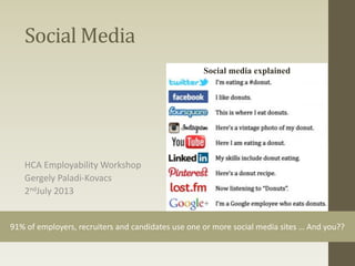 Social Media 
HCA Employability Workshop 
GergelyPaladi-Kovacs 
2ndJuly 2013 
91% of employers, recruiters and candidates use one or more social media sites … And you?? 
Social media explained  