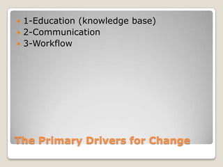  1-Education (knowledge base)
 2-Communication
 3-Workflow




The Primary Drivers for Change
 