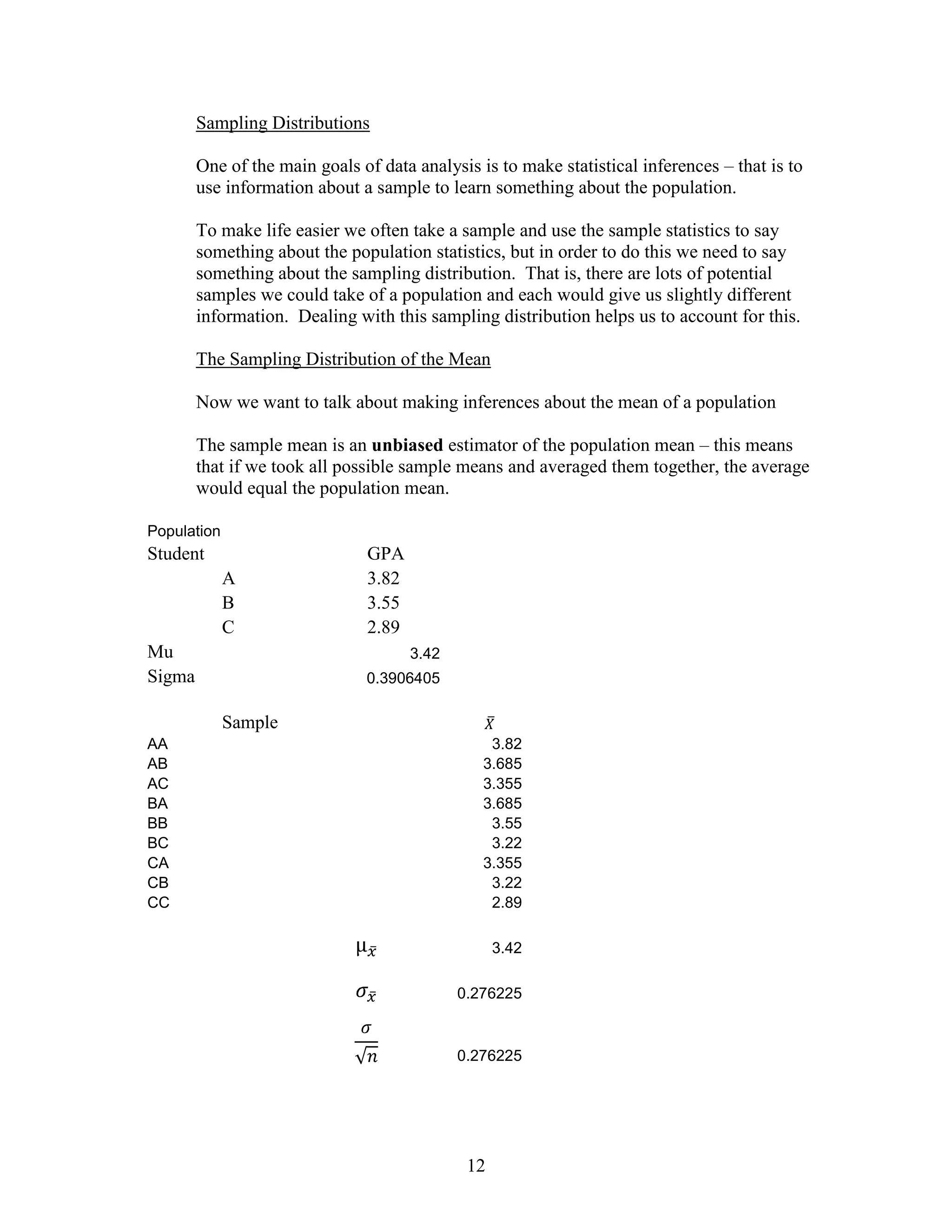 Sampling Distributions

        One of the main goals of data analysis is to make statistical inferences – that is to
        use information about a sample to learn something about the population.

        To make life easier we often take a sample and use the sample statistics to say
        something about the population statistics, but in order to do this we need to say
        something about the sampling distribution. That is, there are lots of potential
        samples we could take of a population and each would give us slightly different
        information. Dealing with this sampling distribution helps us to account for this.

        The Sampling Distribution of the Mean

        Now we want to talk about making inferences about the mean of a population

        The sample mean is an unbiased estimator of the population mean – this means
        that if we took all possible sample means and averaged them together, the average
        would equal the population mean.

Population
Student                        GPA
             A                 3.82
             B                 3.55
             C                 2.89
Mu                                    3.42
Sigma                          0.3906405

             Sample
AA                                               3.82
AB                                              3.685
AC                                              3.355
BA                                              3.685
BB                                               3.55
BC                                               3.22
CA                                              3.355
CB                                               3.22
CC                                               2.89

                                                   3.42

                                             0.276225



                                             0.276225




                                              12
 