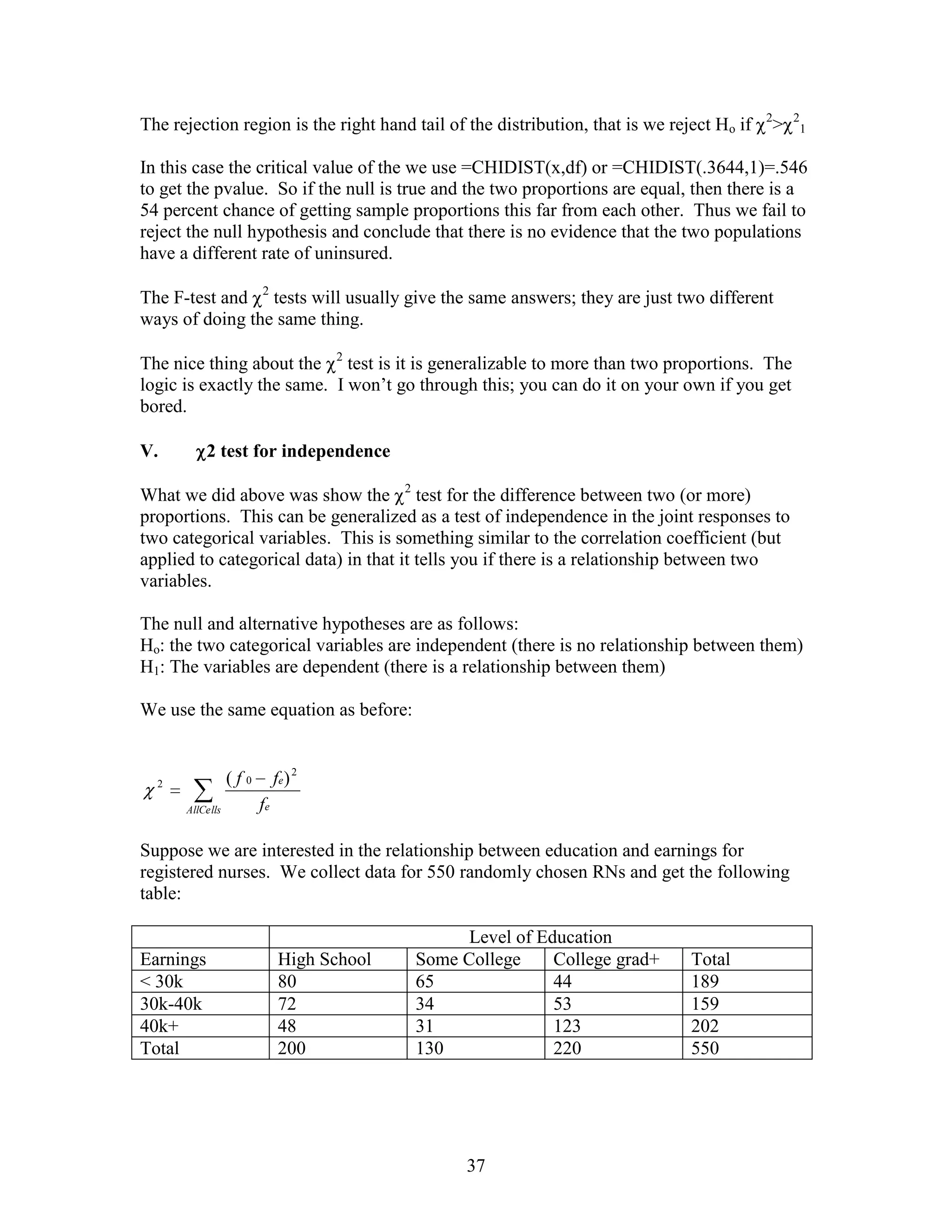 2       2
The rejection region is the right hand tail of the distribution, that is we reject Ho if       >       1


In this case the critical value of the we use =CHIDIST(x,df) or =CHIDIST(.3644,1)=.546
to get the pvalue. So if the null is true and the two proportions are equal, then there is a
54 percent chance of getting sample proportions this far from each other. Thus we fail to
reject the null hypothesis and conclude that there is no evidence that the two populations
have a different rate of uninsured.

The F-test and 2 tests will usually give the same answers; they are just two different
ways of doing the same thing.

The nice thing about the 2 test is it is generalizable to more than two proportions. The
logic is exactly the same. I won’t go through this; you can do it on your own if you get
bored.

V.         2 test for independence

What we did above was show the 2 test for the difference between two (or more)
proportions. This can be generalized as a test of independence in the joint responses to
two categorical variables. This is something similar to the correlation coefficient (but
applied to categorical data) in that it tells you if there is a relationship between two
variables.

The null and alternative hypotheses are as follows:
Ho: the two categorical variables are independent (there is no relationship between them)
H1: The variables are dependent (there is a relationship between them)

We use the same equation as before:


  2              (f0        fe ) 2
      AllCells         fe

Suppose we are interested in the relationship between education and earnings for
registered nurses. We collect data for 550 randomly chosen RNs and get the following
table:

                                                 Level of Education
Earnings                     High School   Some College     College grad+      Total
< 30k                        80            65               44                 189
30k-40k                      72            34               53                 159
40k+                         48            31               123                202
Total                        200           130              220                550




                                                 37
 