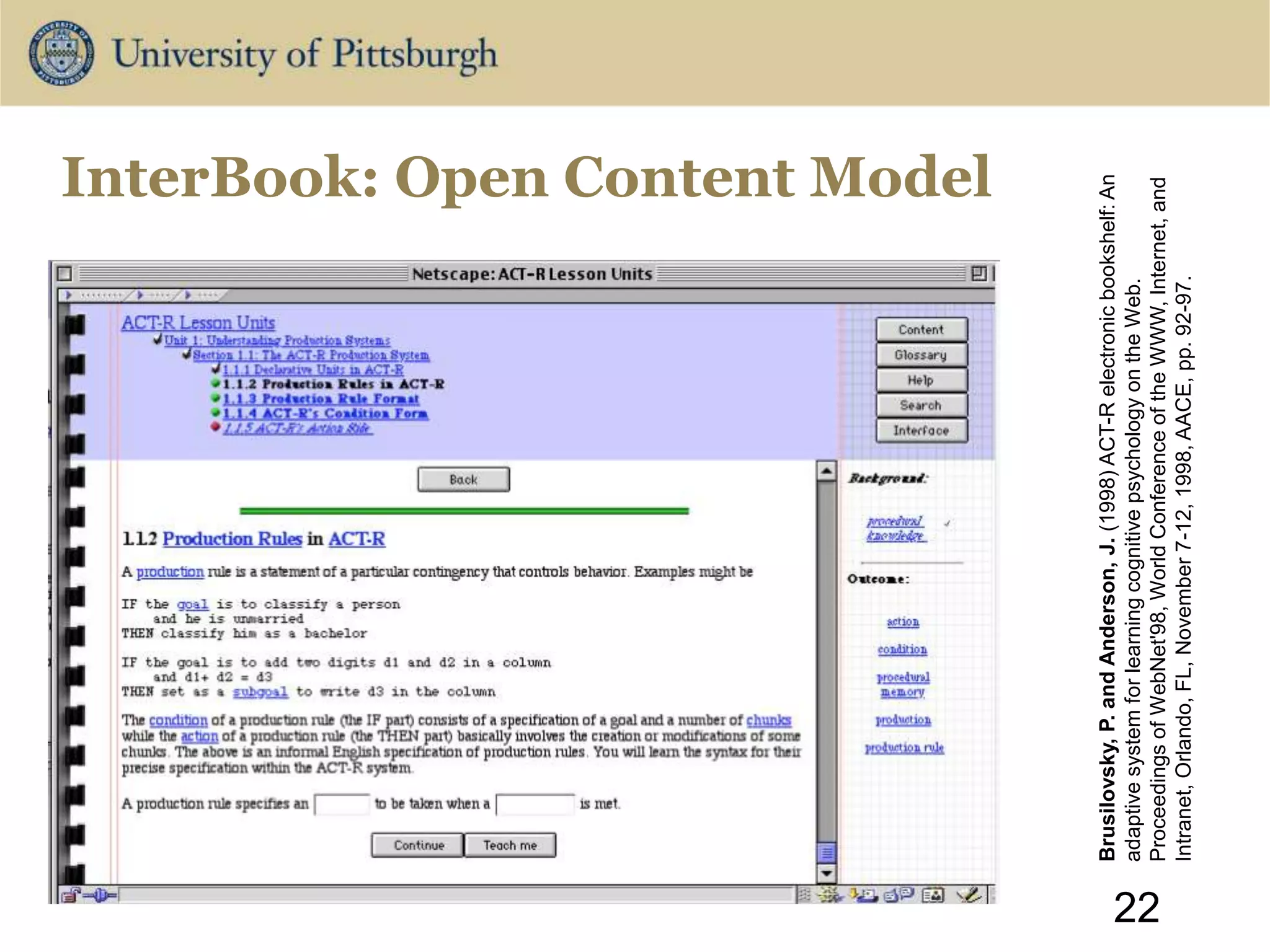 InterBook: Open Content Model
22
Brusilovsky,
P.
and
Anderson,
J.
(1998)
ACT-R
electronic
bookshelf:
An
adaptive
system
for
learning
cognitive
psychology
on
the
Web.
Proceedings
of
WebNet'98,
World
Conference
of
the
WWW,
Internet,
and
Intranet,
Orlando,
FL,
November
7-12,
1998,
AACE,
pp.
92-97.
 