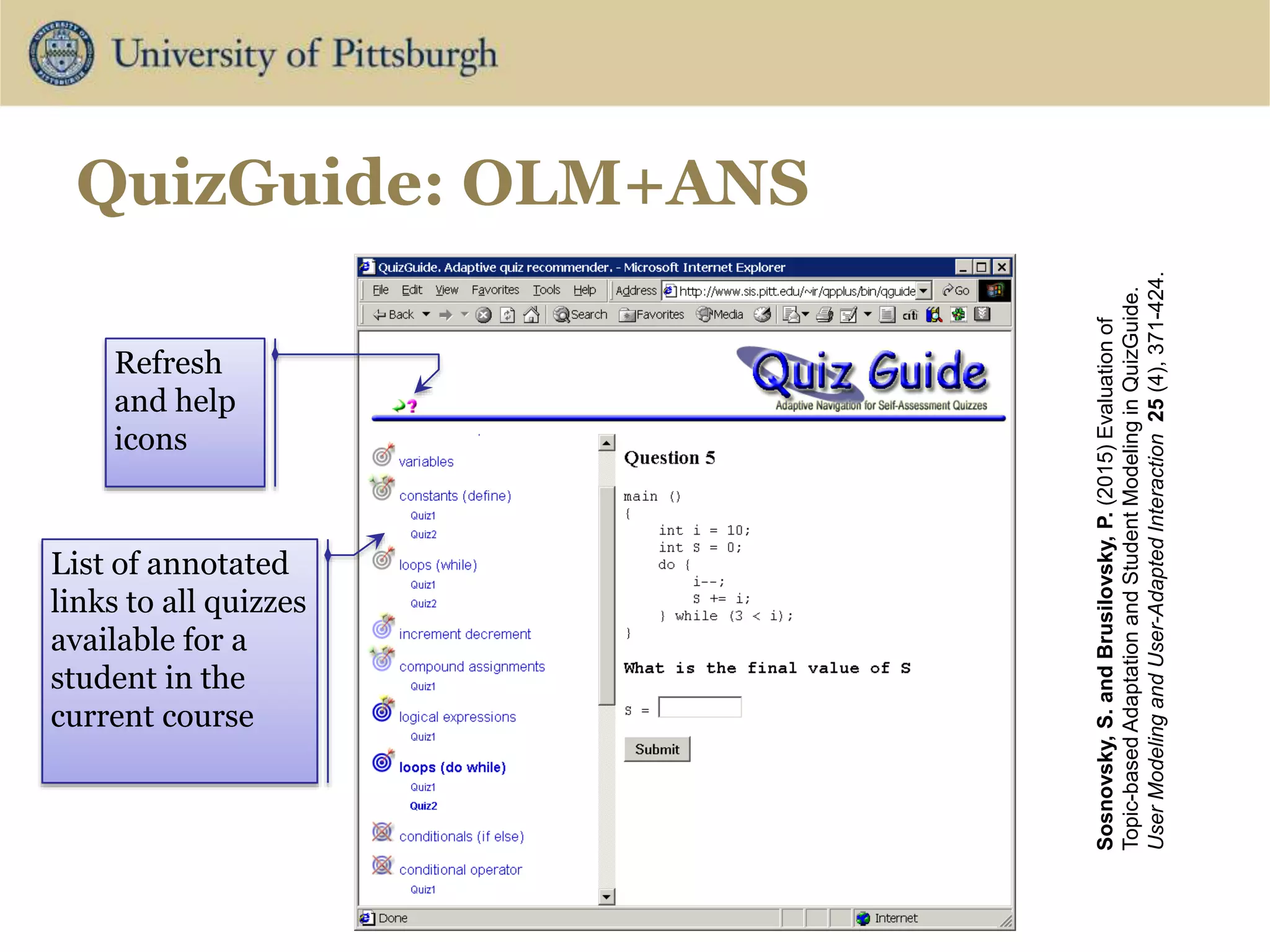 List of annotated
links to all quizzes
available for a
student in the
current course
Refresh
and help
icons
QuizGuide: OLM+ANS
Sosnovsky,
S.
and
Brusilovsky,
P.
(2015)
Evaluation
of
Topic-based
Adaptation
and
Student
Modeling
in
QuizGuide.
User
Modeling
and
User-Adapted
Interaction
25
(4),
371-424.
 