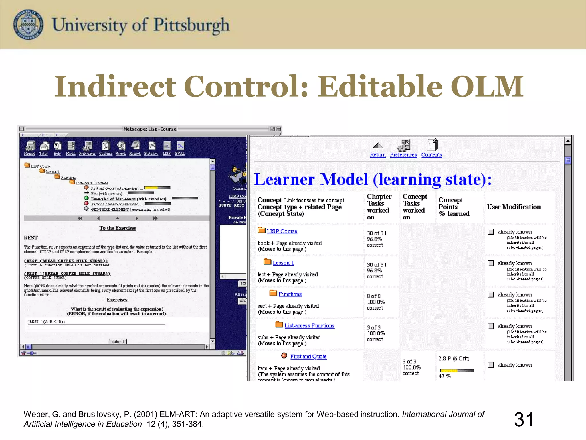 Indirect Control: Editable OLM
31
Weber, G. and Brusilovsky, P. (2001) ELM-ART: An adaptive versatile system for Web-based instruction. International Journal of
Artificial Intelligence in Education 12 (4), 351-384.
 
