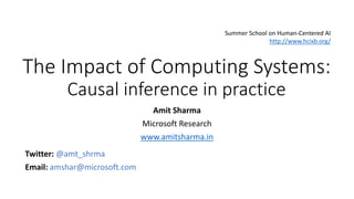 The Impact of Computing Systems:
Causal inference in practice
Amit Sharma
Microsoft Research
www.amitsharma.in
Twitter: @amt_shrma
Email: amshar@microsoft.com
Summer School on Human-Centered AI
http://www.hcixb.org/
 