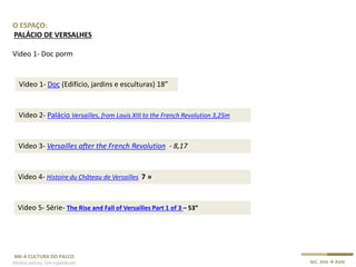 M6-A CULTURA DO PALCO
Muitos palcos, Um espetáculo SEC. XVII  XVIII
O ESPAÇO:
PALÁCIO DE VERSALHES
Video 1- Doc porm
Video 1- Doc (Edifício, jardins e esculturas) 18”
Video 2- Palácio Versailles, from Louis XIII to the French Revolution 3,25m
Video 3- Versailles after the French Revolution - 8,17
Video 4- Histoire du Château de Versailles 7 »
Video 5- Série- The Rise and Fall of Versailles Part 1 of 3 – 53”
 