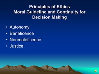 Principles of EthicsMoral Guideline and Continuity for Decision MakingAutonomyBeneficenceNonmaleficenceJustice 