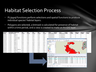 •  PL/pgsql	
  functions	
  perform	
  selections	
  and	
  spatial	
  functions	
  to	
  produce	
  
individual	
  species’	
  habitat	
  layers.	
  
•  Polygons	
  are	
  selected,	
  a	
  bitmask	
  is	
  calculated	
  for	
  presence	
  of	
  habitat	
  
within	
  a	
  time	
  period,	
  and	
  a	
  view	
  is	
  created	
  to	
  make	
  an	
  ArcGIS	
  layer.	
  	
  
Habitat	
  Selection	
  Process	
  
 