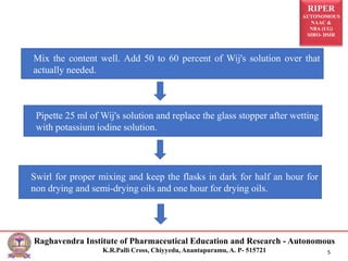 RIPER
AUTONOMOUS
NAAC &
NBA (UG)
SIRO- DSIR
Raghavendra Institute of Pharmaceutical Education and Research - Autonomous
K.R.Palli Cross, Chiyyedu, Anantapuramu, A. P- 515721 5
Mix the content well. Add 50 to 60 percent of Wij's solution over that
actually needed.
Pipette 25 ml of Wij's solution and replace the glass stopper after wetting
with potassium iodine solution.
Swirl for proper mixing and keep the flasks in dark for half an hour for
non drying and semi-drying oils and one hour for drying oils.
 