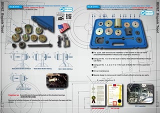 BENZ Repair Tool www.hcb-autotools.co1m 818 
BENZ Repair Tool www.hcb-autotools.com1717 
H.C.B- C1111 BENZ (W203/W204/W209/W211/W220) SUB-FRAME & BENZ (W211) FRONT 
SUSPENSION ARM BUSH REMOVER/ INSTALLER USA PAT.6389668 PAT.201280 
BENZ(W203/W211/W220)三角台鐵套拆裝工具組BENZ(W203/W204/W209/W211/W220)三角台鐵套&BENZ(W211)前三角架懸掛控制臂鐵套拆裝工具組 
ON CAR 
H.C.B-A1111 BENZ (W203/W211/W220) SUB-FRAME BUSH REMOVER/ INSTALLER 
USA PAT. 6389668 PAT.201280 
ON CAR 
W220,W203 BUSH INSTALL 
3 4 
W220,W203 BUSH EXTRACT W211 BUSH INSTALL 
MODEL : BENZ W203 
5 
W211 BUSH EXTRACT 
3 4 
For quick ,safe removal and installation of the bushes in the sub-frame 
(W203/W204/W209/W211/W220) and suspension arm(W211) 
Using part No. 1 to 10 for the bush of BENZ W203/W204/W209/W211/W220 
sub-frame. 
Using part No. 1, 2, 3, 8, 11 to 14 for bush of BENZ W211 front suspension 
arm. 
On car maintenance. 
Special design to remove and install the bush without removing any parts. 
W211 operation 
QR CODE to 
watch the video 
demonstration 
6 10 5 3 
8 
2 
9 
4 
7 
1 
7 8 9 1 10 
Patented on Assembling and disassembling tool set for elevation bearings 
( 仰角培林拆裝工具組) 
13 2 3 4 11 5 14 6 
Patented on utilizing the power of screwing the nut to, push the bearing to the space and then 
remove. 
PATENT CERTIFICATE 
USA PAT. 6389668 PAT. 201280 
12 
 
