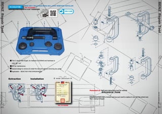 H.C.B-A1168 BENZ (W211/W215/W220/W230) BALL-JOINT REMOVER/ INSTALLER 
PAT. M 333280 
BENZ (W211/W215/W220/W230)前下球接頭拆裝器 
ON CAR 
QR CODE to 
watch the video 
demonstration 
The C-clamp was forged, its material is SCM440 and hardness is 
HRC 38˚~ 42˚ 
On car maintenance. 
Special design to remove & install the ball joint without removing any parts. 
Application：BENZ W211/W215/W220/W230 
Extraction 
1 2 
3 
Installation 
1 4 
5 
2 1 3 
PATENT CERTIFICATE 
BENZ Repair Tool www.hcb-autotools.co2m 222 
BENZ Repair Tool www.hcb-autotools.com21 
4 5 
PAT. M 333280 
Patented on Ball joint detaching tool for vehicle 
(車用球接頭拆裝工具結構) 
Patented on if the bolt is broken and you just need to replace it, but not the whole tool. 
The C-clamp is forged. 
21 
 