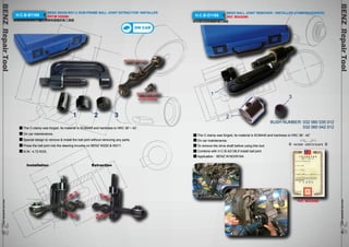 BENZ Repair Tool 
www.hcb-autotools.co2m 424 
www.hcb-autotools.com2323 BENZ Repair Tool 
H.C.B-B1168 BENZ (W220/W211) SUB-FRAME BALL JOINT EXTRACTOR/ INSTALLER 
PAT.M 333280 
BENZ(W220/W211)後三角架球接頭拆裝工具組 
ON CAR 
1 2 3 
The C-clamp was forged, its material is SCM440 and hardness is HRC 38˚~ 42˚. 
On car maintenance. 
Special design to remove & install the ball joint without removing any parts. 
Press the ball joint into the steering knuckle on BENZ W220 & W211. 
N.W.: 4.72 KGS. 
Installation Extraction 
Genuine Stock 
NO.:211 323 00 68 
H.C.B-D1168 BENZ BALL JOINT REMOVER / INSTALLER (COMPREHENSIVE) 
PAT. M333280 
BENZ綜合型球接頭拆裝工具組 
BUSH NUMBER: 032 060 035 012 
032 060 042 012 
1 3 
2 
The C-clamp was forged, its material is SCM440 and hardness is HRC 38˚- 42˚ 
On car maintenance. 
To remove the drive shaft before using this tool. 
Combine with H.C.B-A2136,if install ball joint. 
Application：BENZ W163/W164. 
PATENT CERTIFICATE 
PAT. M333280 
 