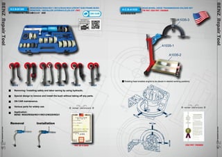 H.C.B-B1389 BENZ(W203/W204/W211/W212/W220/W221)FRONT SUB-FRAME BUSH 
QR CODE to 
watch the video 
demonstration 
BENZ Repair Tool 
www.hcb-autotools.co3m 636 
www.hcb-autotools.com3535 BENZ Repair Tool 
ON CAR 
REMOVER / INSTALLER (HYDRAULIC)(Dr.3/8”) PAT. 
前三角架鐵套拆裝工具組(油壓式)(3/8”)接頭 
W212 W211 W204 W203 W220 W221 
Removing / Installing safely and labor saving by using hydraulic. 
Special design to remove and install the bush without taking off any parts. 
ON CAR maintenance. 
Various parts for widely use. 
Application: 
BENZ: W203/W204/W211/W212/W220/W221 
Removal Installation 
H.C.B-A1035 REAR-WHEEL DRIVE TRANSMISSION HOLDER SET 
後送變速箱拆裝架 
TW PAT. USA PAT. 7093809 
A1035-3 
A1035-1 
Rotating head enables engine to be placed in desired working positions. 
PATENT CERTIFICATE 
A1035-2 
USA PAT. 7093809 
PATENT CERTIFICATE 
PAT. M 412840 
 