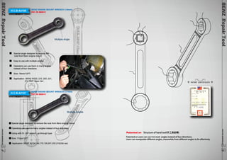 BENZ Repair Tool www.hcb-autotools.co3m 838 
BENZ Repair Tool www.hcb-autotools.com3737 
H.C.B-A2186 BENZ ENGINE MOUNT WRENCH (16mm) 
BENZ引擎腳扳手 (16mm) 
PAT. M 365815 
Special angle designed to remove the 
nuts from Benz engine mount 
Easy to use with multiple angles. 
Operators can use them in many angles 
instead of four directions. 
Size: 16mm/12PT. 
Application : BENZ W220, 210, 203, 221, 
211, 204（New Car） 
Multiple Angle 
H.C.B-A2187 BENZ ENGINE MOUNT WRENCH (17mm) 
BENZ引擎腳扳手 (17mm) 
PAT. M 365815 
Multiple Angles 
Special angle designed to remove the nuts from Benz engine mount 
Operators can use it in many angles instead of four directions 
Using with Dr. 3/8" wrench, go-through type 
Size: 17mm/12PT 
Applicatoin: BENZ W124,140,170,126,201,202,210(Old car) 
PATENT CERTIFICATE 
Patented on Structure of hand tool(手工具結構) 
Patented on users can use it in muti- angles instead of four directions. 
Users can manipulate different angles, meanwhile from different angles to fix effectively. 
 