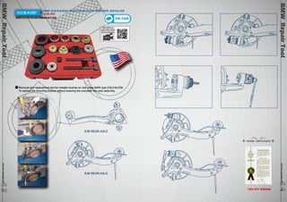 BMW Repair Tool www.hcb-autotools.co4m 444 
BMW Repair Tool www.hcb-autotools.com43 
H.C.B-A1087 BMW (E36/E46/E85) REAR AXLES BUSH REMOVER/ INSTALLER 
USA PAT. 
BMW(E36/E46/E85)後羊角鐵套拆裝工具組 
ON CAR 
QR CODE to 
watch the video 
demonstration 
Removal and replacement tool for metallic bushes on rear axles BMW type E36,E46,E85. 
To replace the mounting bushes without lowering the complete rear axle assembly. 
E36 REAR AXLE 
E46 REAR AXLE 
43 
PATENT CERTIFICATE 
USA PAT. 6389668 
 