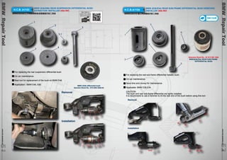 BMW Repair Tool www.hcb-autotools.co5m 252 
BMW Repair Tool www.hcb-autotools.com514 
H.C.B- A1153 BMW (E46/E85) REAR SUSPENSION DIFFERENTIAL BUSH 
EXTRACTOR/ INSTALLER USA PAT. 
BMW(E46/E85)工字樑後橫樑差速器鐵套拆裝工具組 
1 
3 
5 
6 
5-1 
2 4 
For replacing the rear suspension differential bush. 
On car maintenance. 
Best tool for replacement of the bush on BMW E46. 
Application : BMW E46, E85 
Removal 
Installation 
H.C.B-A1154 BMW (E28/E34) REAR SUB-FRAME DIFFERENTIAL BUSH REMOVER/ 
INSTALLER USA PAT. 
BMW(E28/E34) 後三角架鐵套拆裝工具組 
ON CAR 
(Genuine Stock No.: 33 32 9 061 946) 
BMW(E28,E34) REAR SUB-FRAME 
DIFFERENTIAL BUSH 
6 
For replacing the real sub-frame differential metallic bush. 
On car maintenance. 
Save time and money for maintenance. 
Applicable: BMW E28,E34. 
CAUTION: 
The bush and rear sub-frame differential are tightly installed. 
It is recommend to use a hammer to hit the rear end of the bush before using this tool． 
BMW (E46) differential bush 
Genuine Stock No.: 6751808 3000-04 
Removal 
Installation 
1 
2 
5 
3 
4 
QR CODE to 
watch the video 
demonstration 
BUSH 
 