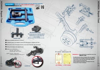 HONDA Repair Tool www.hcb-autotools.co6m 464 
HONDA Repair Tool www.hcb-autotools.com6363 
H.C.B-A7001 HONDA CR-V, K6 & K8 REAR TRAILING ARM BUSH REMOVER/ 
INSTALLER JP PAT. 3126495 PAT. M 296812 
HONDA CR-V K6&K8後游臂鐵套拆裝工具組 
DEGREE LASER 
TIPS FOR METAL BUSH 
Service completely performed “on the car” 
A hydraulic press is not needed to remove the old bushing or install the new one. 
Service time is only 10 minutes per side, you can save more time, labor and money. 
Shifting hook design could adjust the size. 
Honda Civic1988-2000, 
Del Sol 1993-1997 
CRV(K6,K8) 1997-2002 
Acura Integra 1994-2001 
LANCER VIRAGE(AFTER 2001) 
A flexible bush has an elastomeric element 
enclosed between an outer sleeve and a 
center axis,so as to ensure better road 
grip and stability. 
Makes driving more comfortable and safe. 
ALIGNMENT PIN 
INSTALLATION 
REMOVAL 
QR CODE to 
watch the video 
demonstration 
PATENT CERTIFICATE 
, 
Patented on Bush extractor for suspension arm of car 
(鐵套拆裝工具組) 
By adjusting the distance between the two support 
arms around, the strength of fasten the screw in the 
Screw holes on the top of the main body, which in 
order to remove the metal bush. 
Special shifting hook design could adjust the sizes, 
service time is only 10 minutes. 
PAT. M 296812 JP PAT. 3126495 
 