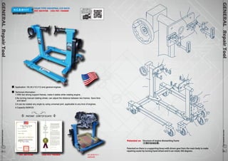 GENERAL Repair Tool www.hcb-autotools.co9m 292 
GENERAL Repair Tool www.hcb-autotools.com9191 
H.C.B-B1117 GEAR TYPE UNIVERSAL K/D RACK 
專利引擎拆裝架 
PAT. M470786 USA PAT. 7093809 
QR CODE to 
watch the video 
demonstration 
Application: V6,V8,V10,V12 and general engines. 
Technical information: 
1.With two strong support frames, make it stable while rotating engine. 
2.By turning manual rotating wheel, can adjust the distance between two frames. Save time 
and labor! 
3.It can be rotated any angle by using universal joint, applicable to any kind of engines. 
4.Capacity:500KGS 
PATENT CERTIFICATE 
H.C.B-B1117-1 
(optional) 
PAT. M470786 USA PAT. 7093809 
Patented on Structure of engine dismantling frame 
(引擎拆裝架結構) 
Patented on there is a supporting brace with driven gear from the main body to make 
repairing easier by turning hand wheel and it can rotate 360 degrees. 
 