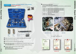GENERAL Repair Tool www.hcb-autotools.co9m 494 
GENERAL Repair Tool www.hcb-autotools.com9393 
H.C.B-B1376 UNIVERSAL VALVE SPRING REMOVER / INSTALLER(22PCS) 
PAT.M411316&M409923 DE 
多功能免拆式氣門彈簧拆裝工具組(22PCS) 
Replace valve spring and oil seal of valve rod on car, without removing head gasket. 
Works great in the narrow engine room. 
Enormous time saving for replacement of valve stem seals. 
Special design helps compress valve spring regardless of firewall barrier.Apply for European 
American,and Japanese cars. 
Such as BENZ,BMW,VOLVO,TOYOTA TERCEL,MITSUBISHI SAVRIN,VW,FORD etc. 
Especially suitable on BENZ V6 Engine and BMW V8 Engine. 
Application engine model: 
BENZ M102,M103,M104,M111,M112,M113,M271,M272. 
BMW N42,N52,N62.M54,M52,M56,M60 
Gain Germany and Taiwan patent. 
A1376 has adapters application in universal cars. 
B1376 has additional five adapters for BMW N42/N52/N54/E65/E66 and BENZ M102/M103/ 
M272/M273 
B1376-20 
D:24 
d:21 
L:53.5mm 
B1376-21 
D:20 
d:17 
L:53.5mm 
B1376-18 M12 x P1.25 x L 330mm 
B1376- 19 M12 x P1.0 x L 70mm 
B1376- 22 M8 
B1376 - 18 
B1376 - 19 
B1376 - 20 
B1376 - 21 
B1376 - 22 
BMW N52/N54,Mercedes Benz M272,M273 
BMW N52/N54,Mercedes Benz M272,M273 
BMW E65/E66, BMW N52,N54, 
Mercedes Benz M272,M273, 
BMW N42 
BENZ M102/M103 
BENZ M112 (V6) BMW N62 
PATENT CERTIFICATE 
QR CODE to 
watch the video 
demonstration 
PAT.M411316 PAT.M409923 
 