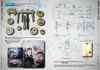 H.C.B-A1003 BENZ (W124/W201) SUSPENSION BUSH EXTRACTOR/ 
INSTALLER PAT. 158341 
BENZ(W124/W201) 工字樑鐵套拆裝工具組 
Extractor for replacing of the front and rear metallic rear sub-frame mounting bushes. 
For MERCEDES type W201/W124. 
Replace mounting bushes without 
lowering the complete rear axle 
assembly. 
EXTRACT INSTALL INSTALL EXTRACT 
W 201 
351 19 42 FRONT BUSH W 201 
124 
124 
351 02 42 REAR BUSH 
AXLE BEARING EXTRACT 
1&4 
2 
6 
7 
8 
9 
10 
12 
11 
13 
14 
15 
16 
17 
18 
ON CAR 
PATENT CERTIFICATE 
BENZ Repair Tool www.hcb-autotools.co0m 606 
BENZ Repair Tool www.hcb-autotools.com05 
PAT. 158341 
05 
Patented on Multi-function tool assembly for chassis works 
(多功能工具組) 
Patented on using this tool change the bush can be on car and you don`t need to split the chassis. 
Utilize the power of turning over the screw to extract and install the bush. 
 