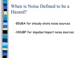 When is Noise Defined to be a
Hazard?
-85dBA for steady-state noise sources
-140dBP for impulse/impact noise sources
 