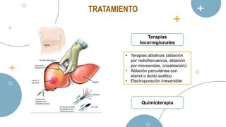 • Terapias ablativas (ablación
por radiofrecuencia, ablación
por microondas, crioablación).
• Ablación percutánea con
etanol o ácido acético
• Electroporación irreversible
Terapias
locorregionales
TRATAMIENTO
Quimioterapia
 