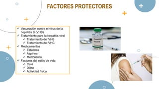 FACTORES PROTECTORES
 Vacunación contra el virus de la
hepatitis B (VHB)
 Tratamiento para la hepatitis viral
 Tratamiento del VHB
 Tratamiento del VHC
 Medicamentos
 Estatinas
 Aspirina
 Metformina
 Factores del estilo de vida
 Café
 Dieta
 Actividad física
 