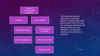 Types of
Management
strategies:
Curative
Surgical Resection
Liver Transplatation
Non-curative
Liver Directed
Therapies
Systemic Therapy
Supportive Rx
“For individual patients,
appropriate treatment
options are determined both
by the extent of the HCC and
the severity of underlying liver
disease, which can limit
tolerance to all therapies
(medical, interventional, or
surgical).”
10/17/2024 5
 