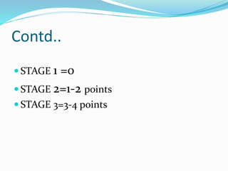 Contd..
 STAGE 1 =0
 STAGE 2=1-2 points
 STAGE 3=3-4 points
 