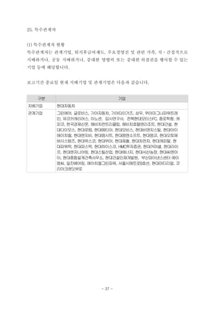 25. 특수관계자


(1) 특수관계자 현황
특수관계자는 관계기업, 퇴직후급여제도, 주요경영진 및 관련 가족, 직ㆍ간접적으로
지배하거나, 공동 지배하거나, 중대한 영향력 또는 중대한 의결권을 행사할 수 있는
기업 등에 해당합니다.


보고기간 종료일 현재 지배기업 및 관계기업은 다음과 같습니다.


   구분                               기업
지배기업        현대자동차
관계기업        그린에어, 글로비스, 기아자동차, 기아타이거즈, 삼우, 위아마그나파워트레
            인, 유코카캐리어스, 이노션, 입시연구사, 전북현대모터스FC, 종로학평, 케
            피코, 한국경제신문, 해비치컨트리클럽, 해비치호텔앤리조트, 현대건설, 현
            대다이모스, 현대로템, 현대메티아, 현대모비스, 현대비앤지스틸, 현대아이
            에이치엘, 현대엔지비, 현대엠시트, 현대엠엔소프트, 현대엠코, 현대오토에
            버시스템즈, 현대위스코, 현대위아, 현대제철, 현대차전자, 현대캐피탈, 현
            대파워텍, 현대파스텍, 현대하이스코, HMC투자증권, 현대커머셜, 현대라이
            프, 현대엔지니어링, 현대스틸산업, 현대에너지, 현대서산농장, 현대씨엔아
            이, 현대종합설계건축사무소, 현대건설인재개발원, 부산파이낸스센터 에이
            엠씨, 일진베어링, 에이치엘그린파워, 서울시메트로9호선, 현대머티리얼, 코
            리아크레딧뷰로




                           - 37 -
 