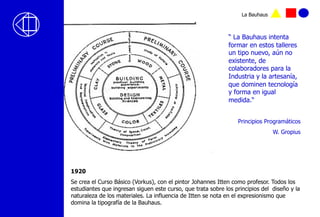 1920
Se crea el Curso Básico (Vorkus), con el pintor Johannes Itten como profesor. Todos los
estudiantes que ingresan siguen este curso, que trata sobre los principios del diseño y la
naturaleza de los materiales. La influencia de Itten se nota en el expresionismo que
domina la tipografía de la Bauhaus.
“ La Bauhaus intenta
formar en estos talleres
un tipo nuevo, aún no
existente, de
colaboradores para la
Industria y la artesanía,
que dominen tecnología
y forma en igual
medida.“
Principios Programáticos
W. Gropius
La Bauhaus
 