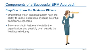 Prepared for Health Care Compliance Association Page 10
Components of a Successful ERM Approach
Step One: Know the Business Climate
 Understand which business factors have the
ability to impact operations or cause potential
compliance concerns
 Benchmark both inside and outside the
organization, and possibly even outside the
healthcare industry
 
