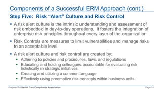 Prepared for Health Care Compliance Association Page 14
Step Five: Risk “Alert” Culture and Risk Control
 A risk alert culture is the intrinsic understanding and assessment of
risk embedded in day-to-day operations. It fosters the integration of
enterprise risk principles throughout every layer of the organization
 Risk Controls are measures to limit vulnerabilities and manage risks
to an acceptable level
 A risk alert culture and risk control are created by:
 Adhering to policies and procedures, laws, and regulations
 Educating and holding colleagues accountable for evaluating risk
holistically in strategic initiatives
 Creating and utilizing a common language
 Effectively using preemptive risk concepts within business units
Components of a Successful ERM Approach (cont.)
 