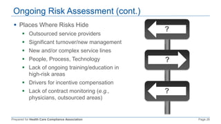 Prepared for Health Care Compliance Association Page 26
Ongoing Risk Assessment (cont.)
 Places Where Risks Hide
 Outsourced service providers
 Significant turnover/new management
 New and/or complex service lines
 People, Process, Technology
 Lack of ongoing training/education in
high-risk areas
 Drivers for incentive compensation
 Lack of contract monitoring (e.g.,
physicians, outsourced areas)
?
?
?
 
