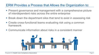 Prepared for Health Care Compliance Association Page 4
ERM Provides a Process that Allows the Organization to:
 Present governance and management with a comprehensive picture
of interdependent risks across the entire enterprise
 Break down the department silos that tend to exist in assessing risk
 Create cross-functional teams evaluating risk using a common
framework
 Communicate information about risks in a consistent manner
 