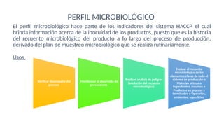 El perfil microbiológico hace parte de los indicadores del sistema HACCP el cual
brinda información acerca de la inocuidad de los productos, puesto que es la historia
del recuento microbiológico del producto a lo largo del proceso de producción,
derivado del plan de muestreo microbiológico que se realiza rutinariamente.
Usos
PERFIL MICROBIOLÓGICO
Verificar desempeño del
proceso
Monitorear el desarrollo de
proveedores
Realizar análisis de peligros
(evolución del recuento
microbiológico)
Evaluar el recuento
microbiológico de los
elementos claves de todo el
sistema de producción o
Materias primas o
Ingredientes, insumos o
Productos en proceso y
terminados o Operarios,
ambientes, superficies
 