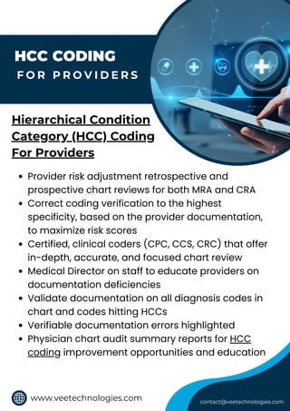 www.veetechnologies.com
HCC CODING
F O R P R O V I D E R S
Hierarchical Condition
Category (HCC) Coding
For Providers
Provider risk adjustment retrospective and
prospective chart reviews for both MRA and CRA
Correct coding verification to the highest
specificity, based on the provider documentation,
to maximize risk scores
Certified, clinical coders (CPC, CCS, CRC) that offer
in-depth, accurate, and focused chart review
Medical Director on staff to educate providers on
documentation deficiencies
Validate documentation on all diagnosis codes in
chart and codes hitting HCCs
Verifiable documentation errors highlighted
Physician chart audit summary reports for HCC
coding improvement opportunities and education
contact@veetechnologies.com
 