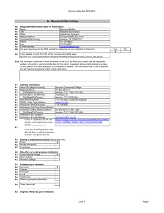 Common Data Set 2012-2013

A. General Information
A0
A0
A0
A0
A0
A0
A0
A0
A0
A0
A0

Respondent Information (Not for Publication)
Name:
Raymond Golitko
Title:
Research Associate II
Office:
Institutional Research
Mailing Address:
PO Box 667517, MC 1147
City/State/Zip/Country:
Houston, TX 77266-7517
Phone:
713-718-8629
Fax:
713-718-2031
E-mail Address:
ray.golitko@hccs.edu
Are your responses to the CDS posted for reference on your institution's Web site?

Yes
X

No

If yes, please provide the URL of the corresponding Web page:
http://www.hccs.edu/hcc/System%20Home/Departments/OIR/Reports/Reports_PDFs/HCC_Common_Data_Set.pdf

A0A We invite you to indicate if there are items on the CDS for which you cannot use the requested
analytic convention, cannot provide data for the cohort requested, whose methodology is unclear,
or about which you have questions or comments in general. This information will not be published
but will help the publishers further refine CDS items.

A1
A1
A1
A1
A1
A1
A1
A1
A1
A1
A1
A1
A1
A1
A1

Address Information
Name of College/University:
Mailing Address:
City/State/Zip/Country:
Street Address (if different):
City/State/Zip/Country:
Main Phone Number:
WWW Home Page Address:
Admissions Phone Number:
Admissions Toll-Free Phone Number:
Admissions Office Mailing Address:
City/State/Zip/Country:
Admissions Fax Number:
Admissions E-mail Address:
If there is a separate URL for your
school’s online application, please
specify: ______________

Houston Community College
PO Box 667517
Houston, TX 77266-7517 USA
3100 Main St
Houston, TX 77002 USA
713-718-2000 (Customer Support)
www.hccs.edu
713-718-8500
PO Box 667517, MC 1136
Houston, TX 77266-7517 USA
admissions@hccs.edu
https://hccapp.hccs.edu:9200/psp/adm/EMPLOYEE/HRMS/
c/HCC_CUSTOM_MENU.HAD_APPLICATION.GBL

A1
If you have a mailing address other
than the above to which applications
should be sent, please provide:
A2
A2
A2
A2

Source of institutional control (Check only one):
Public
X
Private (nonprofit)
Proprietary

A3
A3
A3
A3

Classify your undergraduate institution:
Coeducational college
X
Men's college
Women's college

A4
A4
A4
A4
A4
A4
A4

Academic year calendar:
Semester
Quarter
Trimester
4-1-4
Continuous
Differs by program (describe):

A4

Other (describe):

A5

Degrees offered by your institution:

X

CDS-A

Page 1

 