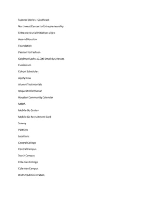 SuccessStories - Southeast
NorthwestCenterforEntrepreneurship
EntrepreneurialInitiativesvideo
AscendHouston
Foundation
PassionforFashion
GoldmanSachs 10,000 Small Businesses
Curriculum
CohortSchedules
ApplyNow
Alumni Testimonials
RequestInformation
HoustonCommunityCalendar
MBDA
Mobile Go Center
Mobile Go RecruitmentCard
Survey
Partners
Locations
Central College
Central Campus
SouthCampus
ColemanCollege
ColemanCampus
DistrictAdministration
 