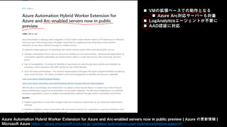 Azure Automation Hybrid Worker Extension for Azure and Arc-enabled servers now in public preview | Azure の更新情報 |
Microsoft Azure https://azure.microsoft.com/ja-jp/updates/automation-user-hybrid-extension-support/
 VMの拡張ベースでの動作となる
 Azure Arc対応サーバーも対象
 LogAnalyticsエージェントが不要に
 AAD認証に対応
 