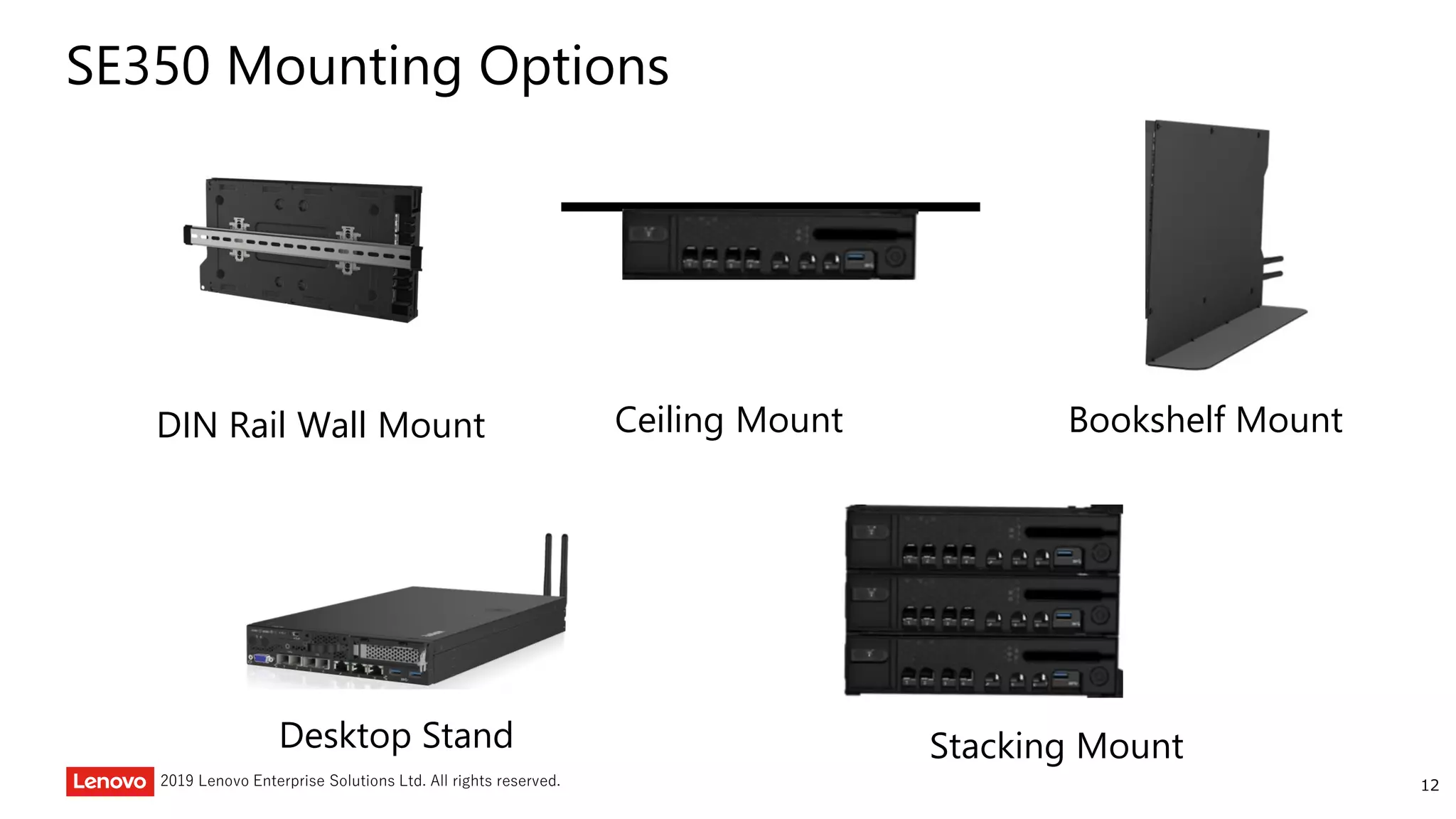 122019 Lenovo Enterprise Solutions Ltd. All rights reserved.
SE350 Mounting Options
DIN Rail Wall Mount Bookshelf Mount
Stacking MountDesktop Stand
Ceiling Mount
 