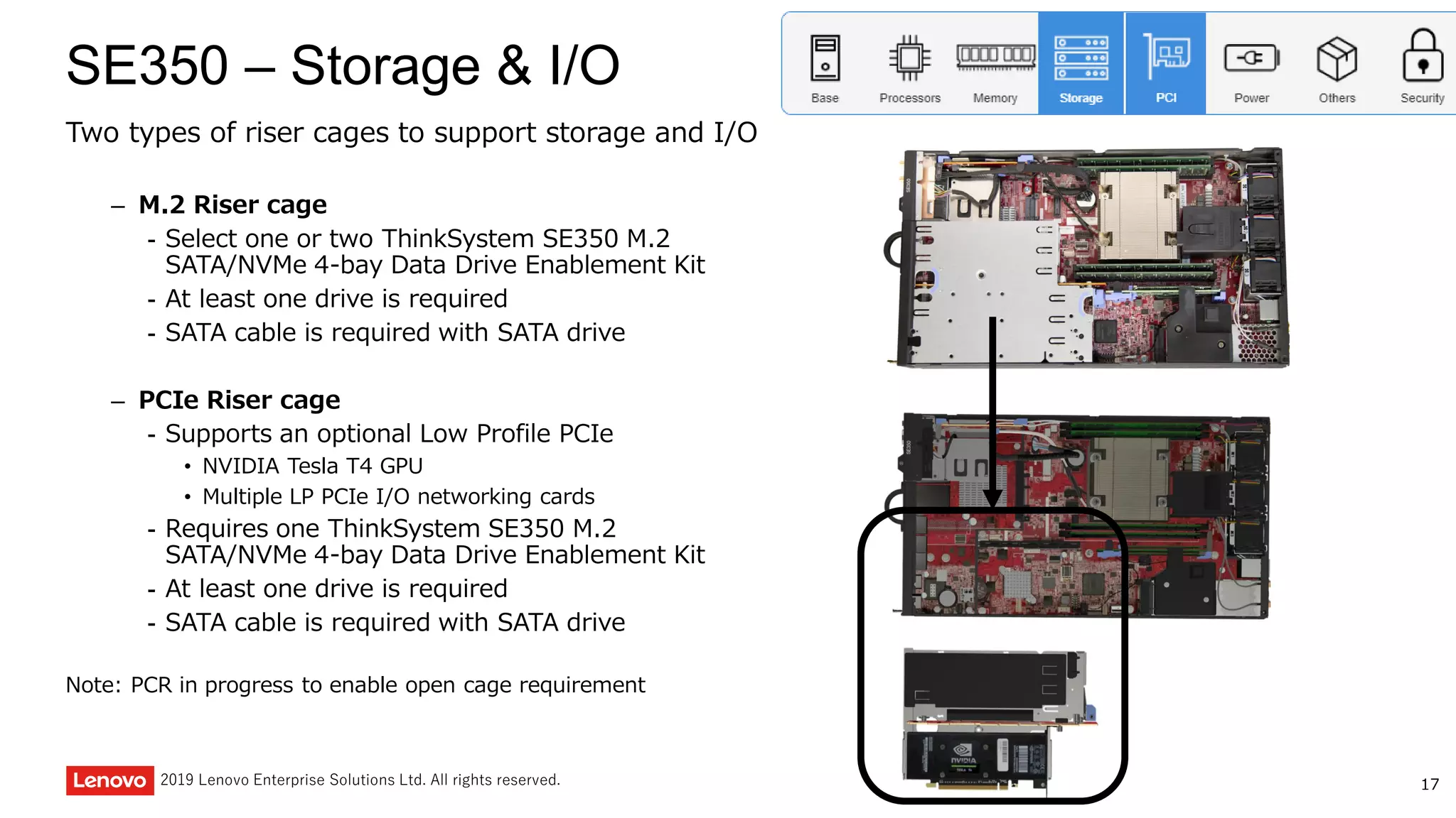 172019 Lenovo Enterprise Solutions Ltd. All rights reserved.
SE350 – Storage & I/O
Two types of riser cages to support storage and I/O
– M.2 Riser cage
- Select one or two ThinkSystem SE350 M.2
SATA/NVMe 4-bay Data Drive Enablement Kit
- At least one drive is required
- SATA cable is required with SATA drive
– PCIe Riser cage
- Supports an optional Low Profile PCIe
• NVIDIA Tesla T4 GPU
• Multiple LP PCIe I/O networking cards
- Requires one ThinkSystem SE350 M.2
SATA/NVMe 4-bay Data Drive Enablement Kit
- At least one drive is required
- SATA cable is required with SATA drive
Note: PCR in progress to enable open cage requirement
 