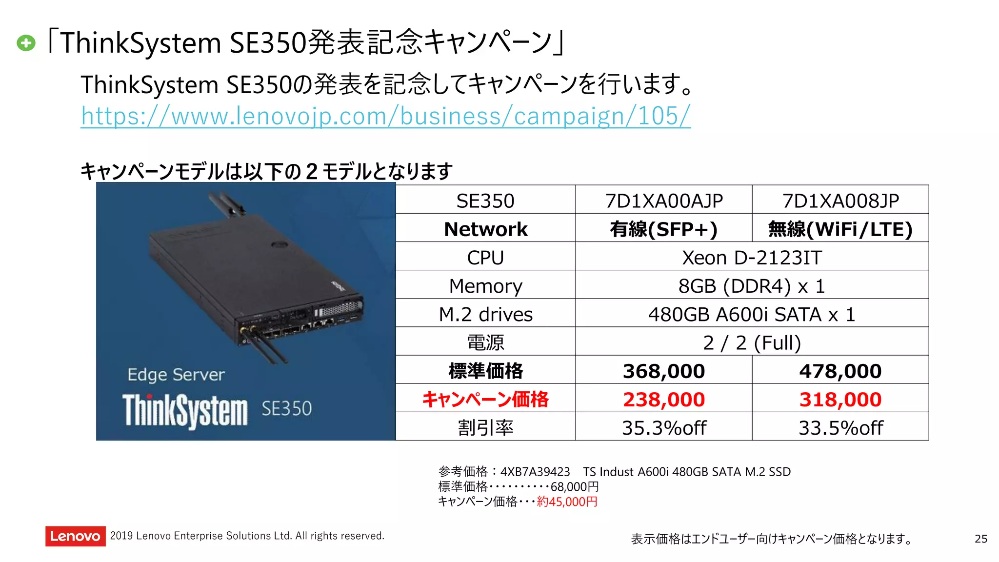 252019 Lenovo Enterprise Solutions Ltd. All rights reserved.
「ThinkSystem SE350発表記念キャンペーン」
表示価格はエンドユーザー向けキャンペーン価格となります。
ThinkSystem SE350の発表を記念してキャンペーンを行います。
キャンペーンモデルは以下の２モデルとなります
SE350 7D1XA00AJP 7D1XA008JP
Network 有線(SFP+) 無線(WiFi/LTE)
CPU Xeon D-2123IT
Memory 8GB (DDR4) x 1
M.2 drives 480GB A600i SATA x 1
電源 2 / 2 (Full)
標準価格 368,000 478,000
キャンペーン価格 238,000 318,000
割引率 35.3%off 33.5%off
参考価格：4XB7A39423 TS Indust A600i 480GB SATA M.2 SSD
標準価格・・・・・・・・・・68,000円
キャンペーン価格・・・約45,000円
https://www.lenovojp.com/business/campaign/105/
 