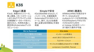 © Copyright 2020 Rancher Labs. All Rights Reserved. 42
Edgeに最適
K3sは、制限されたリソース、
無人環境、リモートロケーショ
ンまたはIoTアプライアンス内
の実稼働ワークロード向けに
設計された、可用性の高い、
認定済みKubernetesディスト
リビューション
ARMに最適化
ARM64とARMv7の両方をサ
ポート、binaryおよび
multiarchイメージが利用可能。
K3sはRaspberry Piのような
小さなものからAWS
a1.4xlarge 32GiBサーバー
まで優れた動作が可能
Simpleで安全
K3sは約40MB binaryとして
パッケージ化、本番稼働用
Kubernetesクラスタのインス
トール、実行、および自動更
新に必要な依存関係と手順を
削減
We’ve Removed K3s Adds
レガシーおよび標準以外の機能 インストールの簡素化
アルファ機能 etcdに加えてSQLite3サポート
In-treeクラウドプロバイダ TLSマネージメント
In-treeストレージドライバ マニフェスト自動化とHelmチャート管理
Docker containerd, CoreDNS, Flannel
 