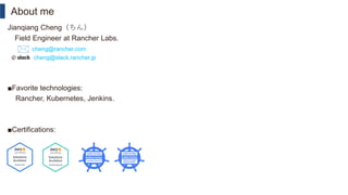 About me
Jianqiang Cheng（ちん）
Field Engineer at Rancher Labs.
cheng@rancher.com
cheng@slack.rancher.jp
■Favorite technologies:
Rancher, Kubernetes, Jenkins.
■Certifications:
 
