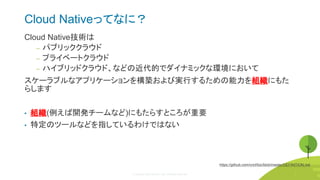 © Copyright 2020 Rancher Labs. All Rights Reserved. 7
Cloud Nativeってなに？
Cloud Native技術は
‒ パブリッククラウド
‒ プライベートクラウド
‒ ハイブリッドクラウド、などの近代的でダイナミックな環境において
スケーラブルなアプリケーションを構築および実行するための能力を組織にもた
らします
• 組織(例えば開発チームなど)にもたらすところが重要
• 特定のツールなどを指しているわけではない
https://github.com/cncf/toc/blob/master/DEFINITION.md
7
 