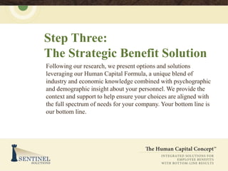 Step Three:
The Strategic Benefit Solution
Following our research, we present options and solutions
leveraging our Human Capital Formula, a unique blend of
industry and economic knowledge combined with psychographic
and demographic insight about your personnel. We provide the
context and support to help ensure your choices are aligned with
the full spectrum of needs for your company. Your bottom line is
our bottom line.
 
