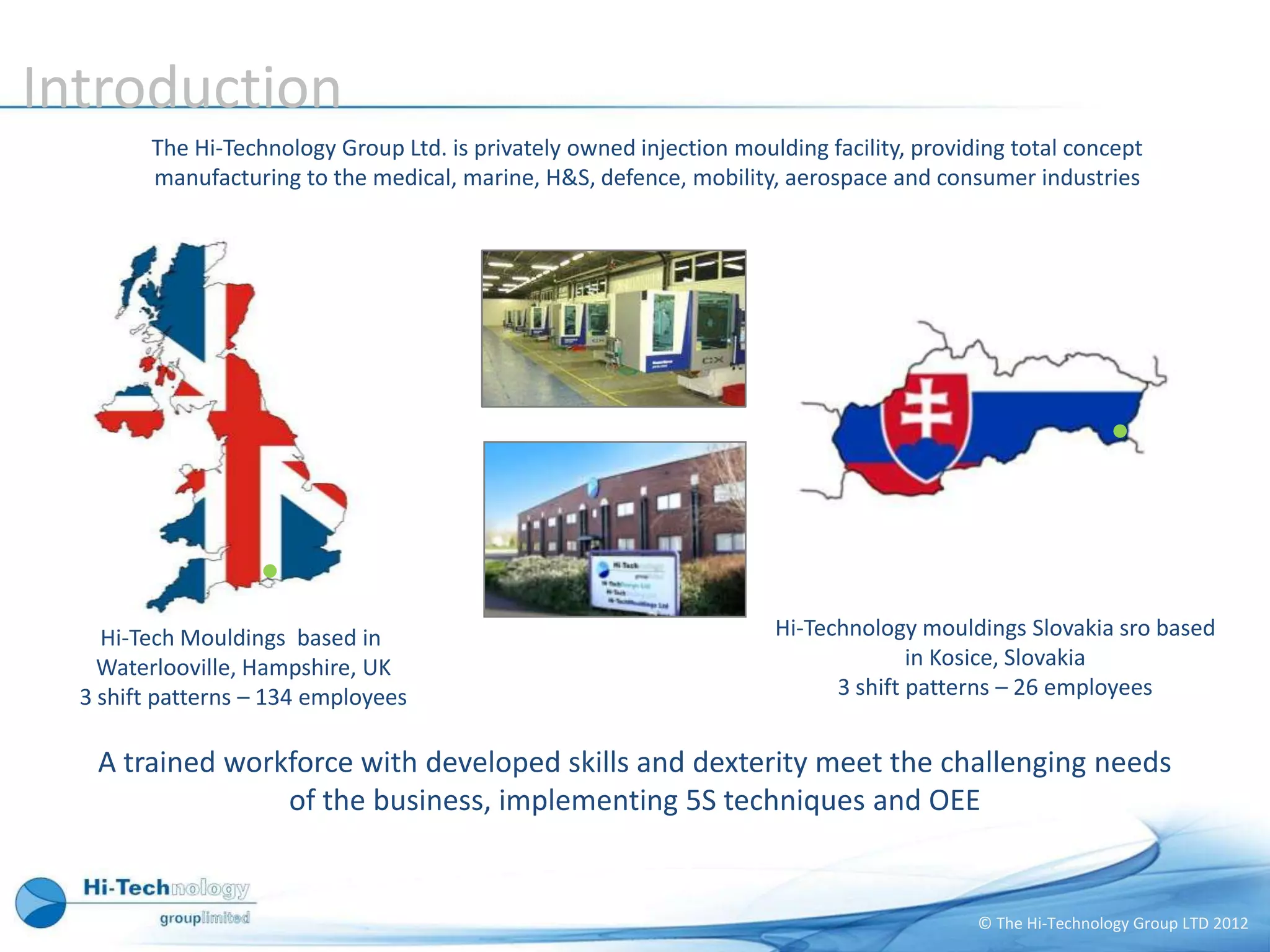 Introduction
         The Hi-Technology Group Ltd. is privately owned injection moulding facility, providing total concept
         manufacturing to the medical, marine, H&S, defence, mobility, aerospace and consumer industries




    Hi-Tech Mouldings based in                                         Hi-Technology mouldings Slovakia sro based
    Waterlooville, Hampshire, UK                                                     in Kosice, Slovakia
  3 shift patterns – 134 employees                                           3 shift patterns – 26 employees


   A trained workforce with developed skills and dexterity meet the challenging needs
                 of the business, implementing 5S techniques and OEE


                                                                                            © The Hi-Technology Group LTD 2012
 