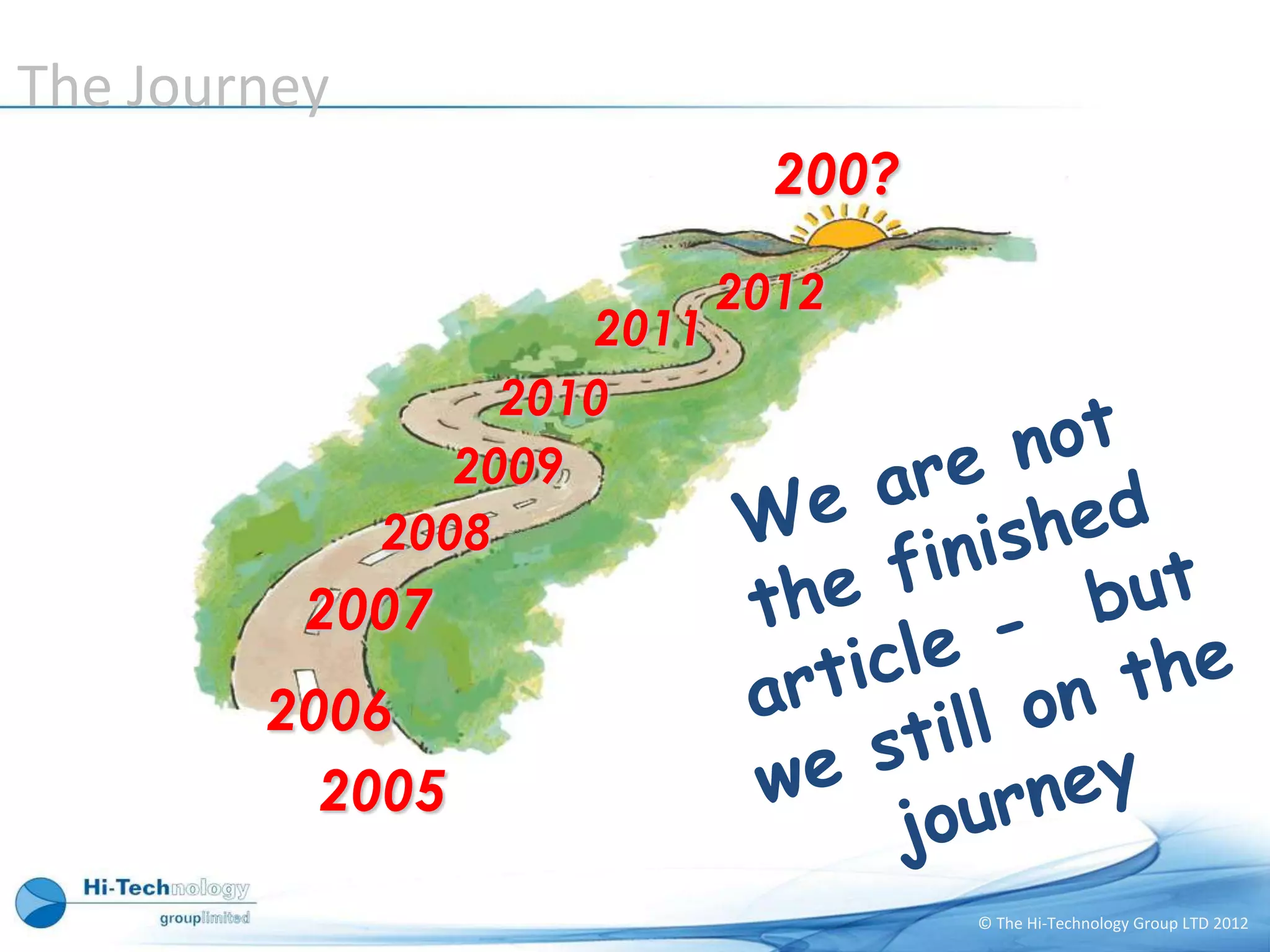 The Journey
                               200?

                             2012
                      2011
                   2010
                 2009
              2008
          2007
        2006
          2005

                                      © The Hi-Technology Group LTD 2012
 